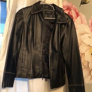 Black leather jacket with white stitching